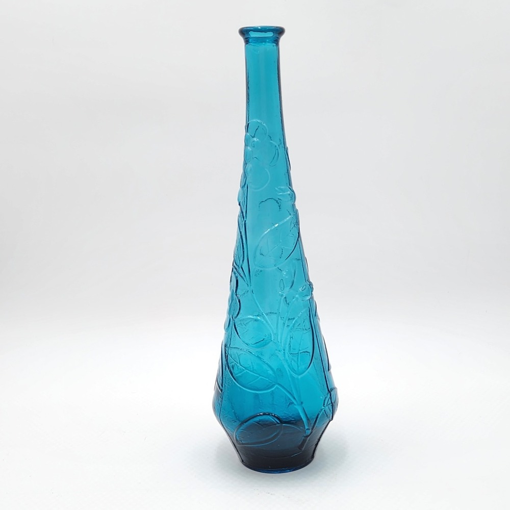 Vintage Empoli Italy Teal Blue Glass Genie Bottle Decanter Butterfly Flowers MCM - Picture 3 of 12